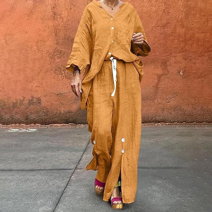 Casual Khaki Button Down Shirt and Wide Leg Pants Set with Drawstring Waist