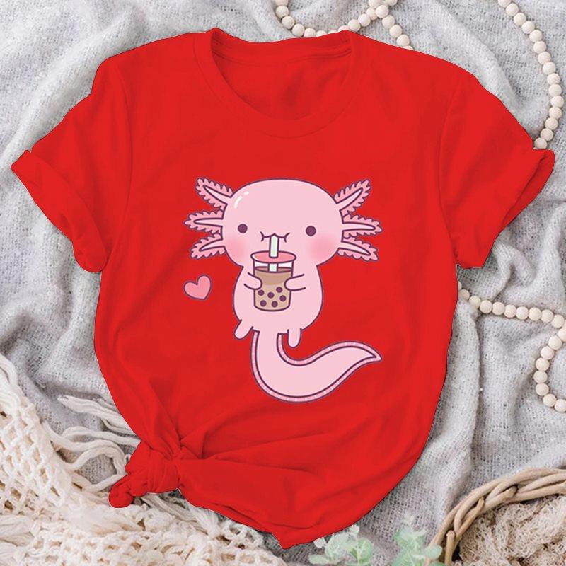 Cute Cute Axolotl Drink Boba Tea Graphic Print T-Shirts For Women Summer Lovely Short Sleeve Casual T-Shirts Funny Ladies Tops