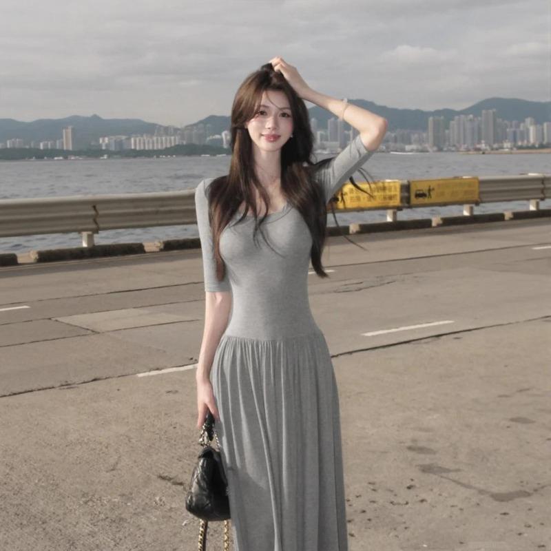 Grey slim-fitting half-sleeved long dress slim skirt women s summer explosion new women s long dress high-end dress S