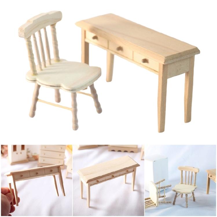 Unpainted Miniature Study Table Chair Set With Smoothly Texture For 1/12 Doll House Decoration Scene Display Accessories