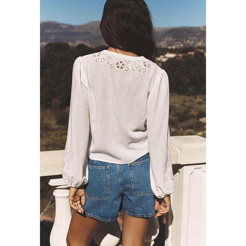 Summer New Women clothes Casual Style Decorated Row Button Hollow Embroidery Fashion V-neck Long sleeve Shirts 8741082