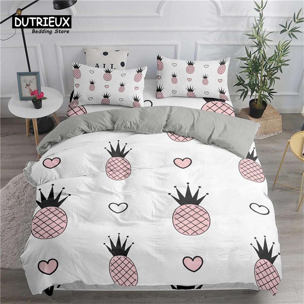 Funny Tropical Fruit Bedding Set Microfiber Pineapple Pear Geometric Pattern Duvet Cover With Pillowcases For Kids Bedroom Decor