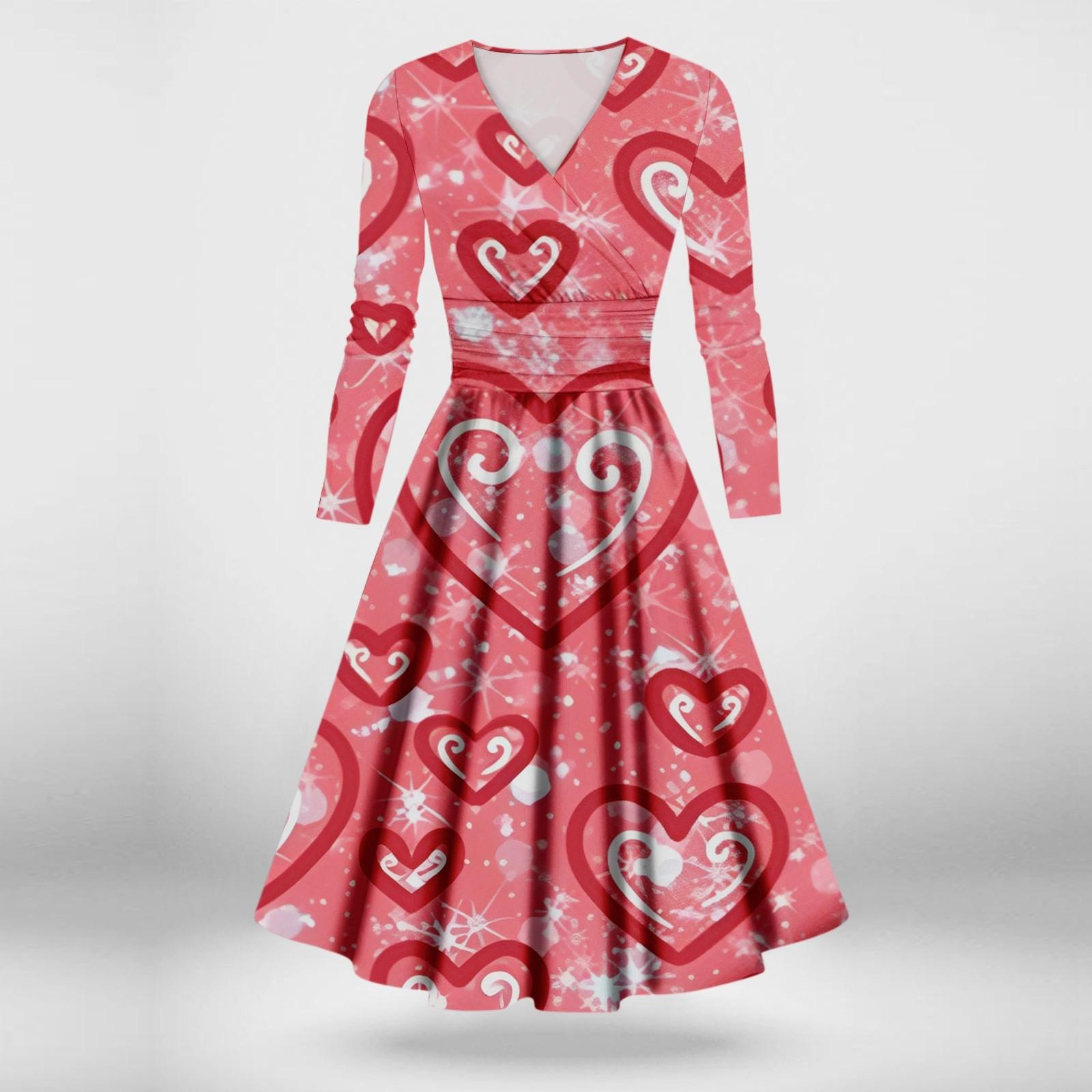 

Женское модное повседневное платье с принтом ко Дню святого Валентина, длинными рукавами и V-образным вырезом, сексуальное платье XXL красный