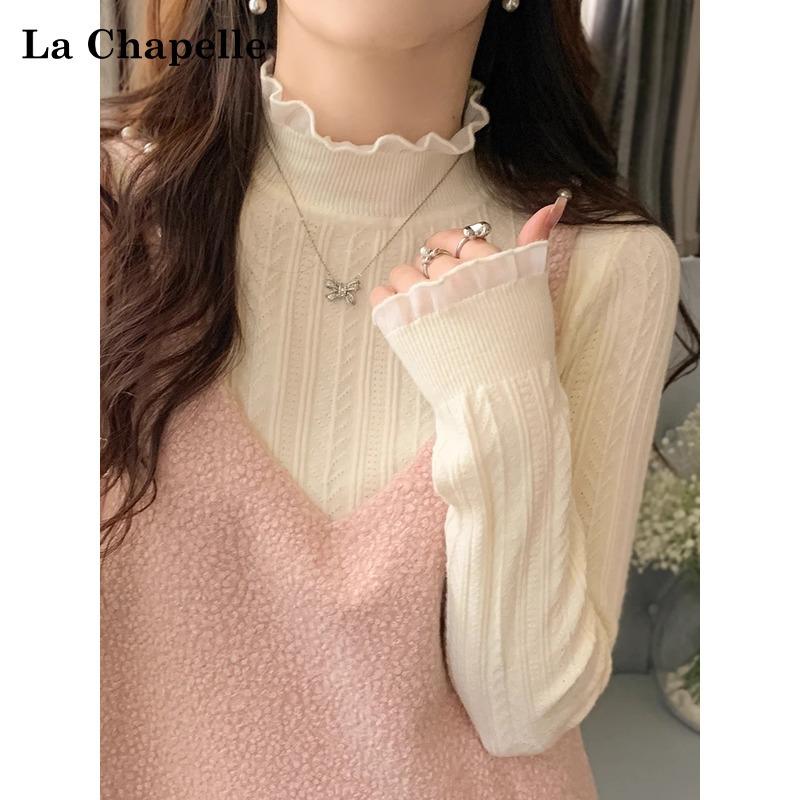 

White semi-turtleneck fungus edge bottoming shirt women s spring and autumn sweater with long-sleeved lace knitted top One size fits all [recommended 80-60kg]