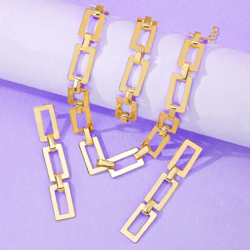 1 Square Chain Style Leopard Print Gold Necklace Bracelet Earring Set