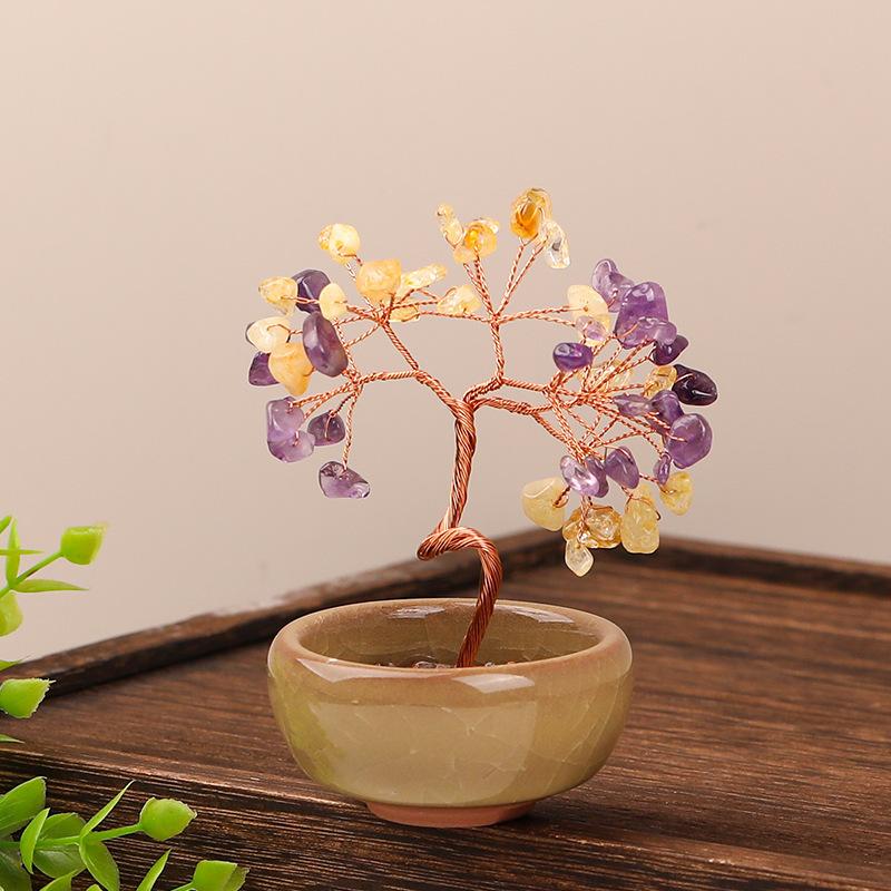 Decorative Gemstone Tree with Wire Branches and Stone Base Indoor Tabletop Ornament for Home Office Desk Decoration