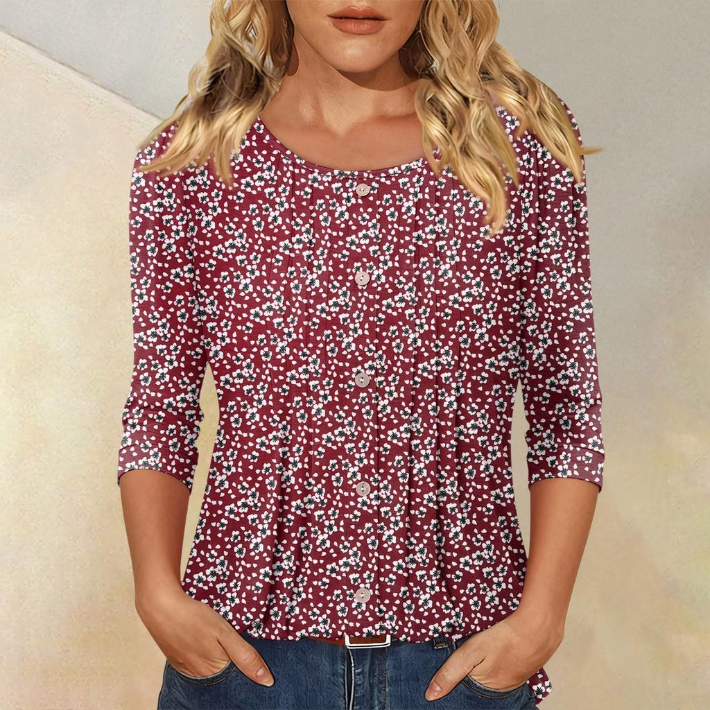 Women's Fashionable Casual Three,quarter Sleeve Button,down Retro Floral Round Neck Top