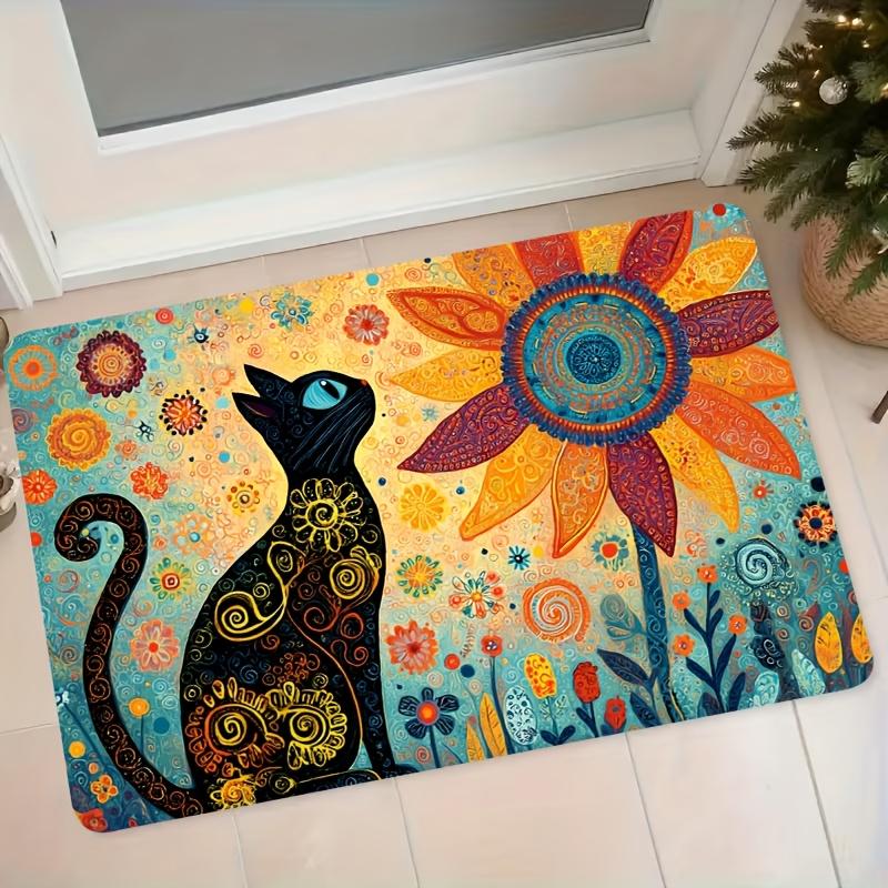 1pc Artistic Black Cat and Sunflower Print Flannel Floor Mat, Non-Slip Absorbent Doormat for Entryway, Bathroom, Kitchen, Home Decor, Wear-Resistant D