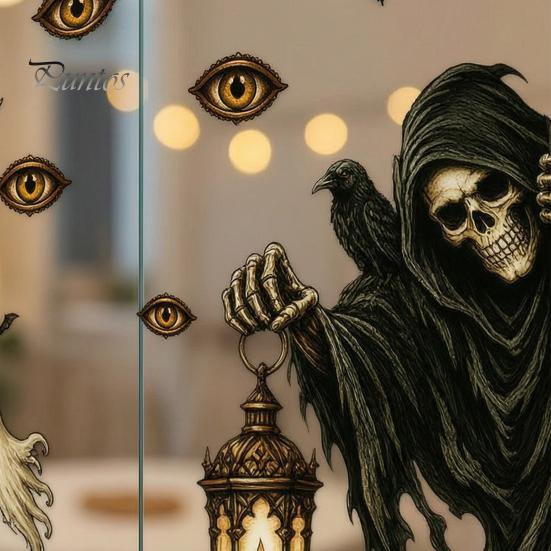 Waterproof PVC Wall Decals 6Pcs Halloween Window Stickers, Ghost Pumpkin Grim Reaper Decals, Removable Static Clings Self-Adhesive Glass Door