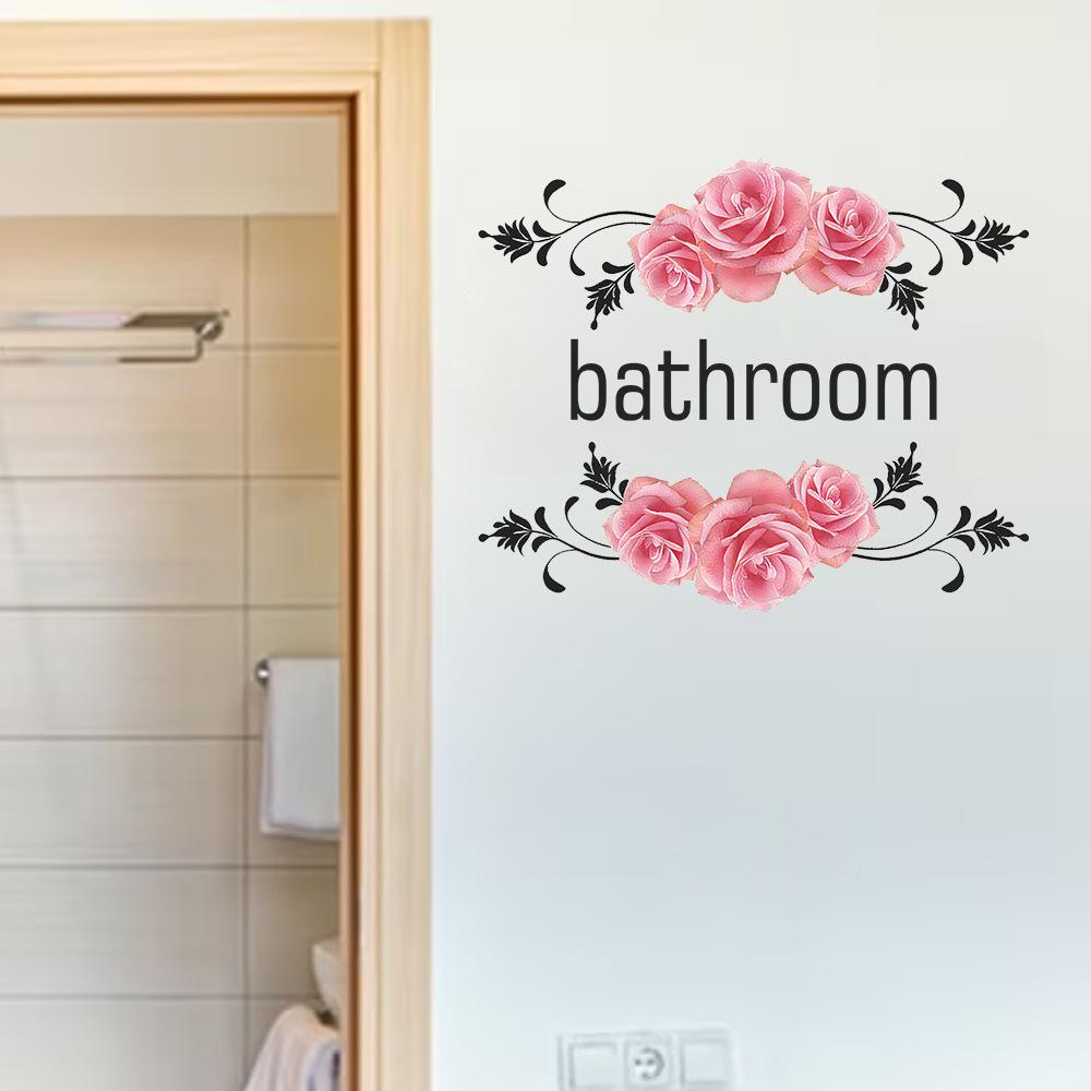 Painted Rose Pattern and English Label Bathroom Door Decorative Sticker