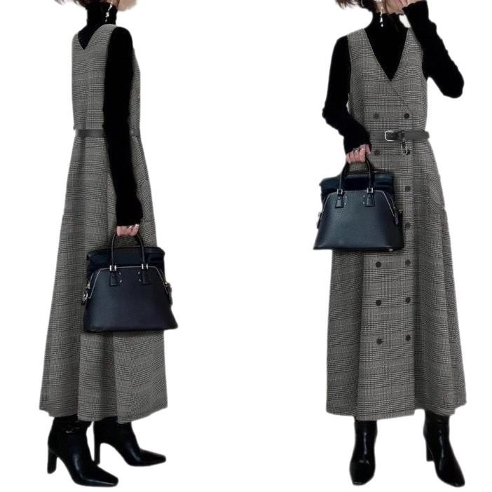 2026 Spring/Autumn Woolen Plaid V-Neck Crossover Vest Dress - Japan/Korea Style