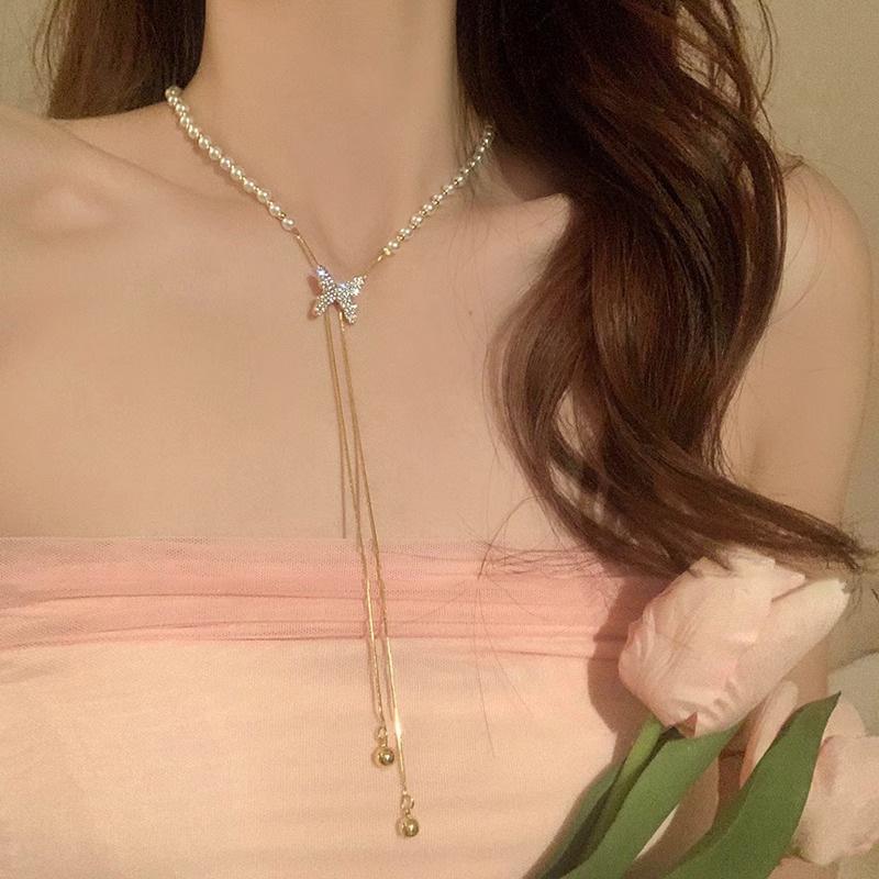 Sweet Premium Pearl Splicing Butterfly Tassel Pearl Necklace Female Pulling Adjustable Fashion Summer Collarbone Chain