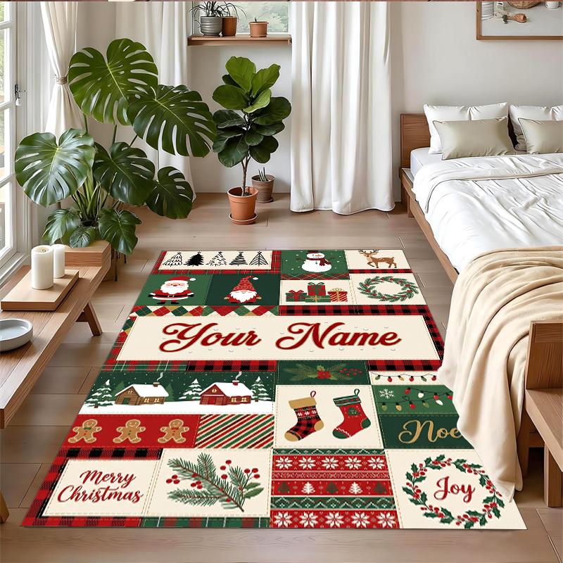 Christmas Custom Name Printed Square Area Rug Soft Non Slip Floor Carpet For Bedroom Holiday Gift