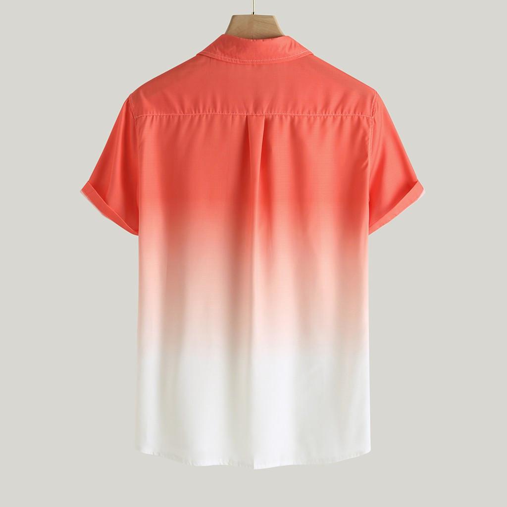 Men's Loose Blouse Breathable Short Sleeve Turn-Down Collar Gradient Shirt