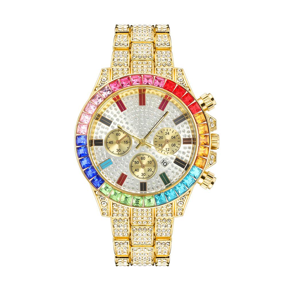New Fashion Steel Band Watch with Colorful Rhinestone Markers and Quartz Calendar