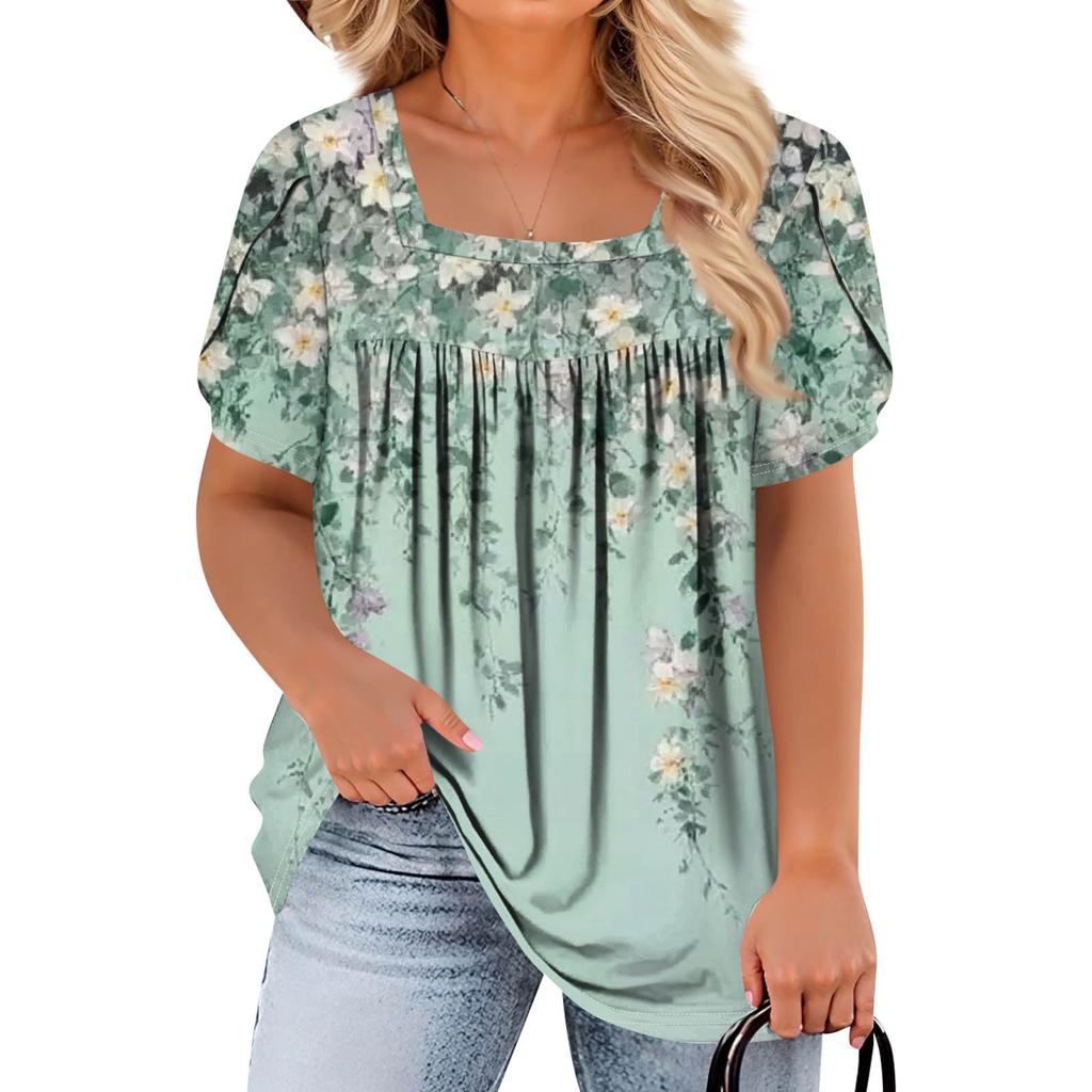 Women's Fashion Casual Printed Square Neck Short Sleeve Large Size T-Shirt Top