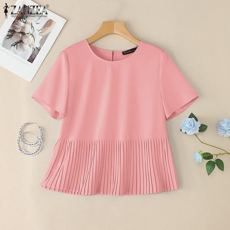 ZANZEA Women Casual Round Neck Loose Short Sleeve Blouse