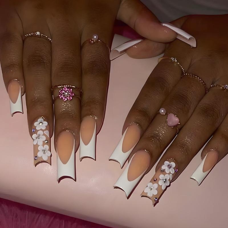 European and American long water pipes simple French fake nails gradual change flower colored diamonds cross-border wear armor Press on nails