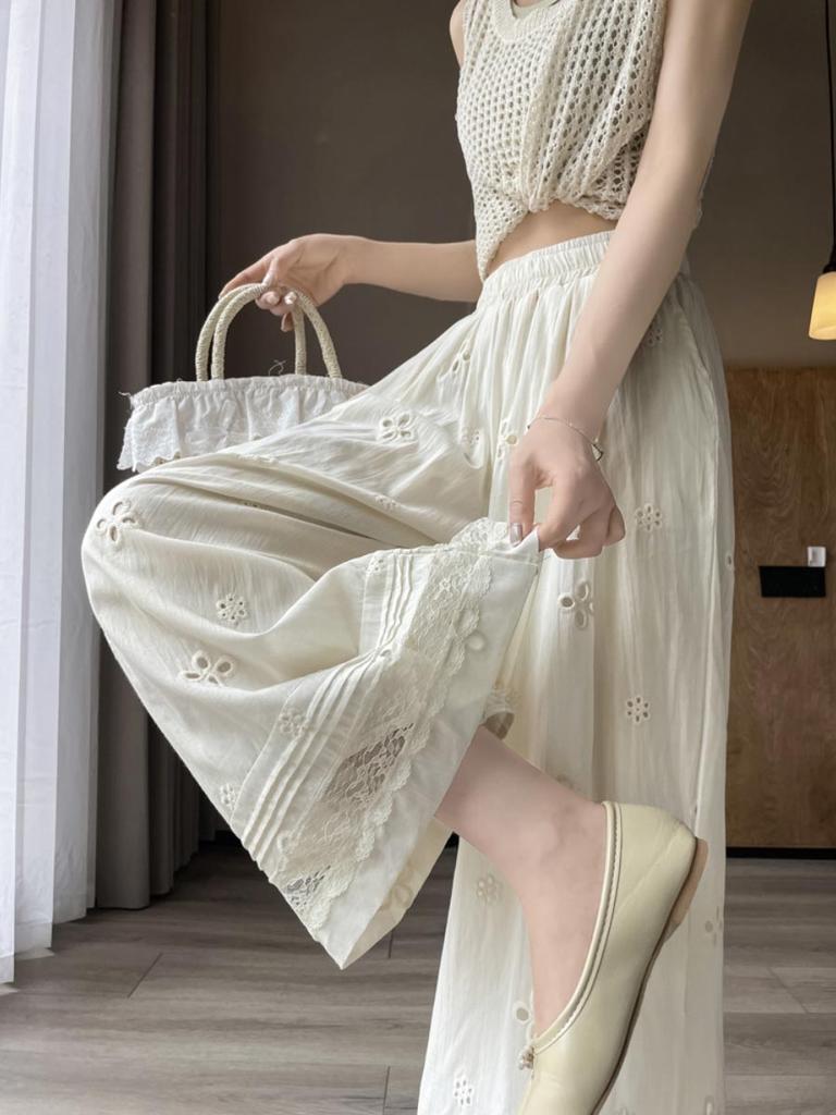 Women's Baggy Wide Leg Pants Lace Splicing High Waist Thin Elastic Waist Straight Trousers Vintage Style Casual Clothing Summer
