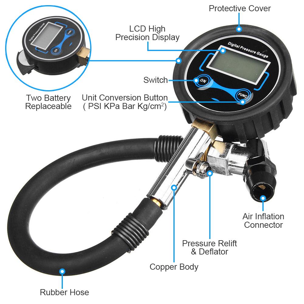 Digital Tire Inflator LCD Display Tire Pressure Gauge 3-200PSI Car Tire Air Pressure Inflator LED Backlight for Motorcycle Bike
