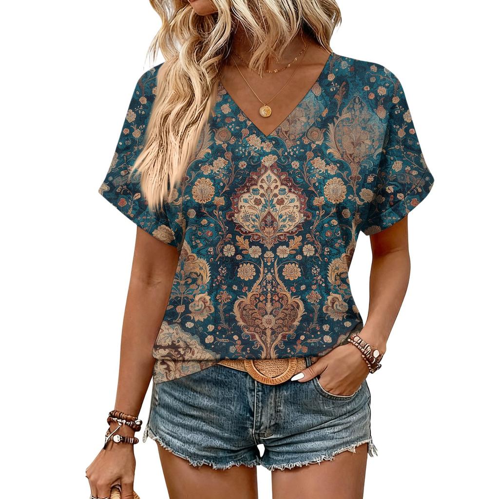 Damen Sommer Oberteile Kurzarm V-Ausschnitt Hemden Lässig Elegant Sommer Blusen Tunika Top