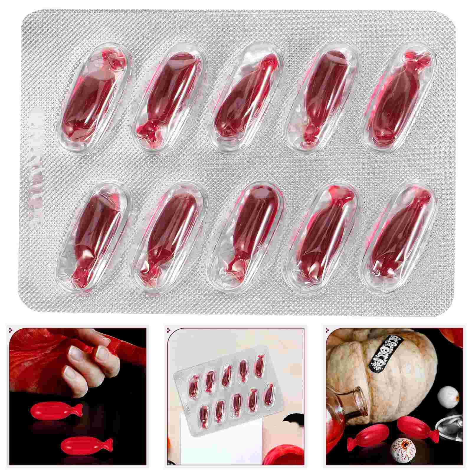

10 Pcs Fake Blood Capsules Party Toy Artificial Spoof Halloween Cosplay Starch Bloody Tool for Makeup Decorations Plasma Props 2x0.5cm червоний
