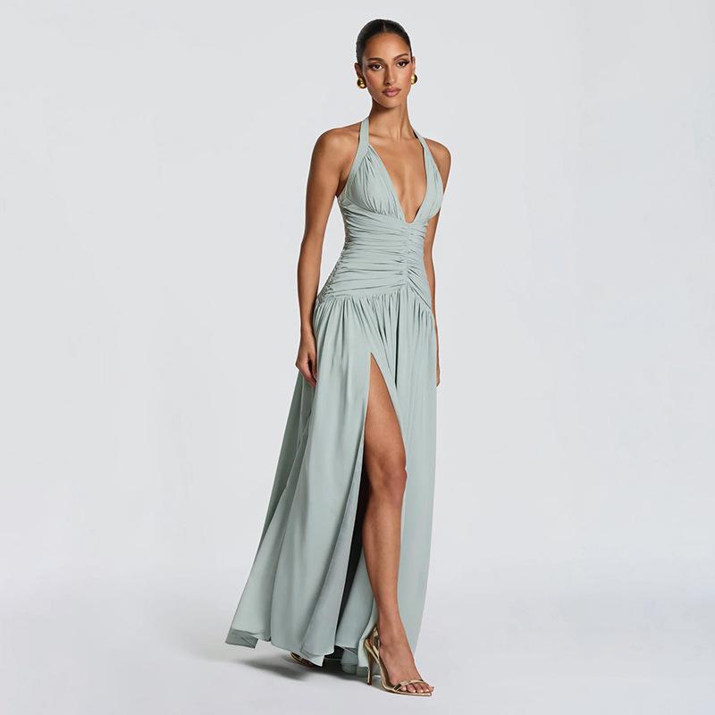J26DS080 European & American Women's V-neck Tie-up Slit Dress - Spring/Summer Collection