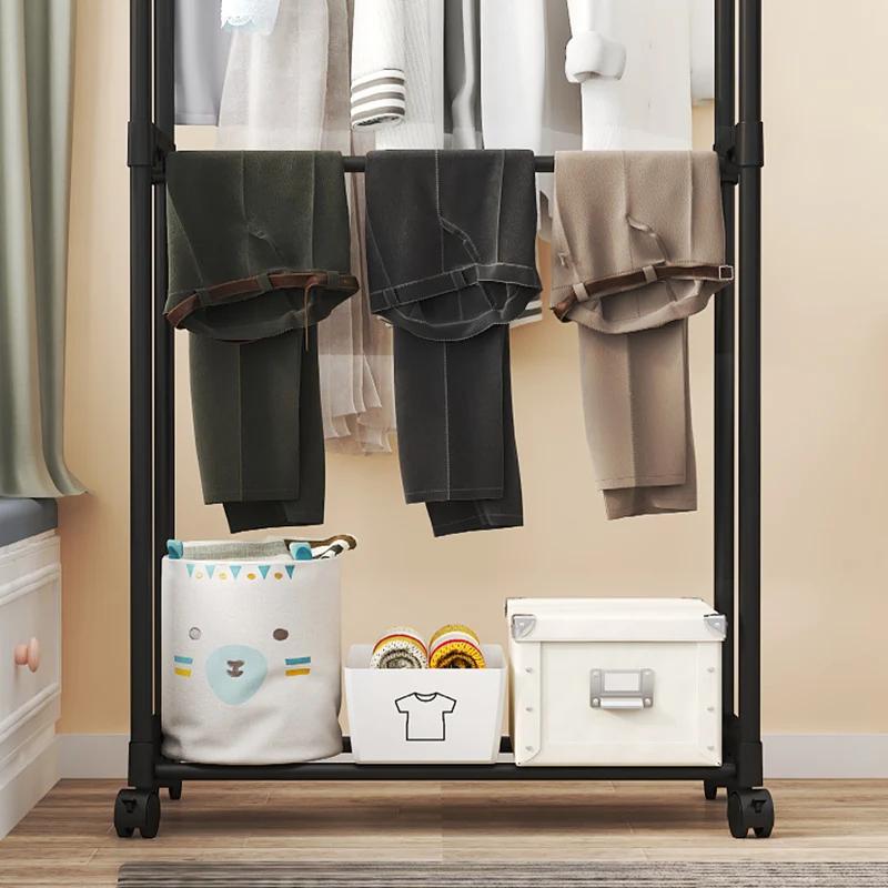 Stojak na ubrania podłogowy, dwururkowy, wielofunkcyjny, z półkami do przechowywania, na kółkach, mobilny, organizer na ubrania i kapelusze do sypialni