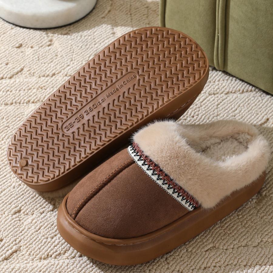 Crestar Fur Plush Women Slippers Indoor Warm Thick Soles Fluffy Female House Slippers Winter Fashion Non-slip Fuzzy Cotton Shoes