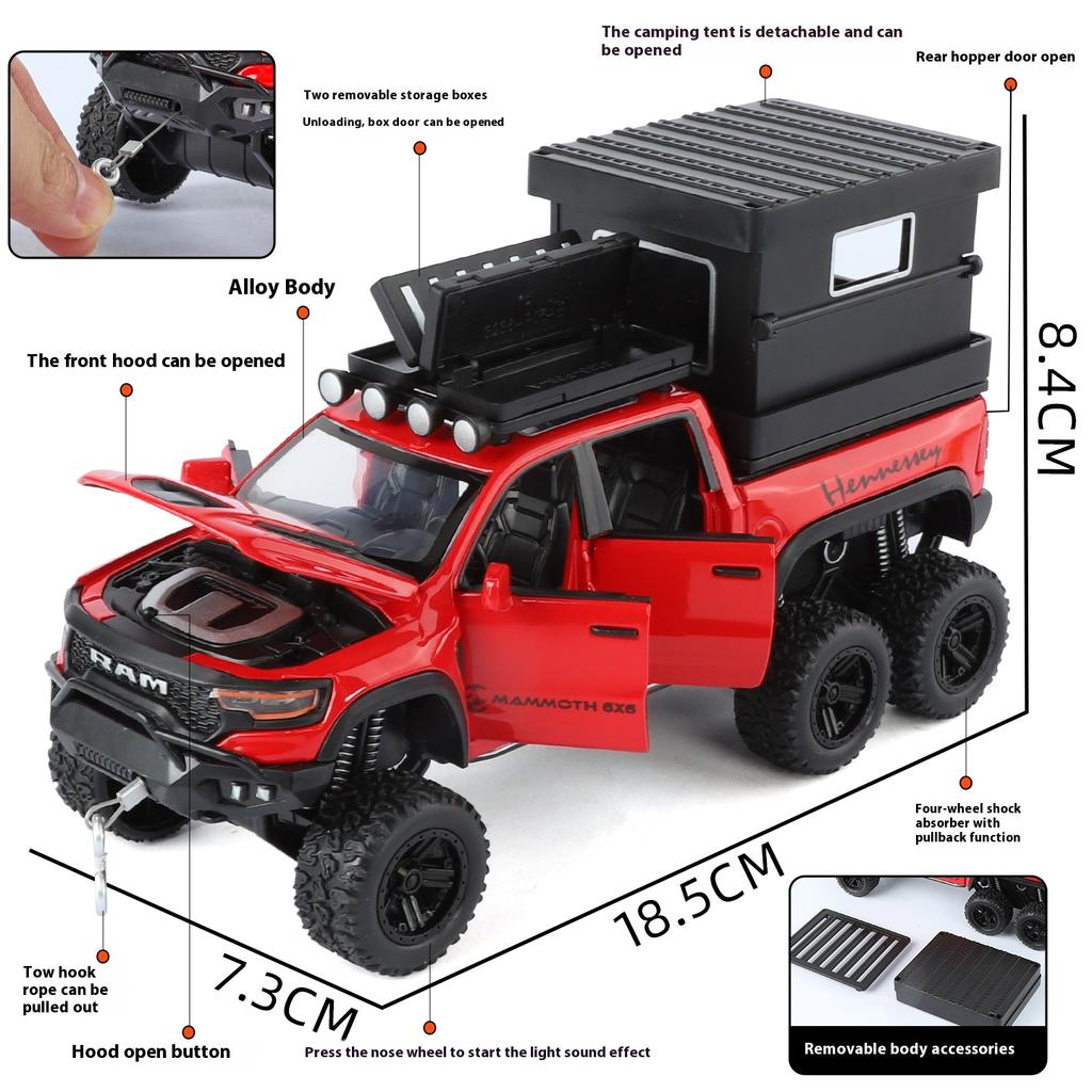 1:32 Tyrannosaurus 6X6 Pickup Truck Car Model Simulation Sound and Light Mammoth Off-road Vehicle Ornaments Boy Toy