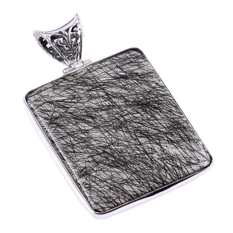 Naturalny czarny kamień rutylowy 925 lite srebro próby 925 wisior prezentowy 2,25" L7a54