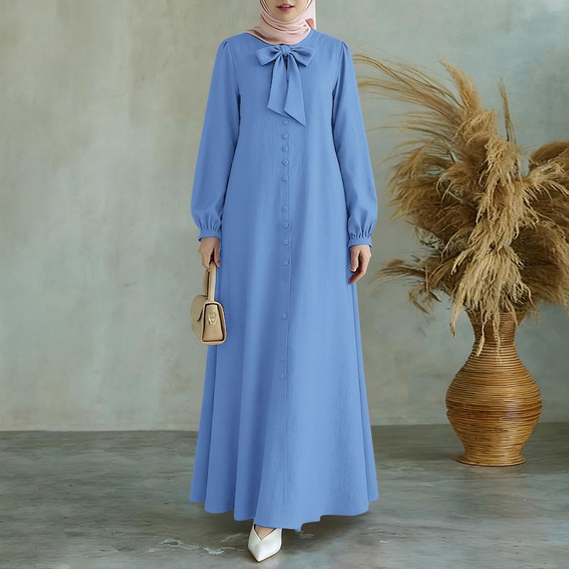 ZANZEA Women Casual Round Neck Loose Long Sleeve Muslim Dress