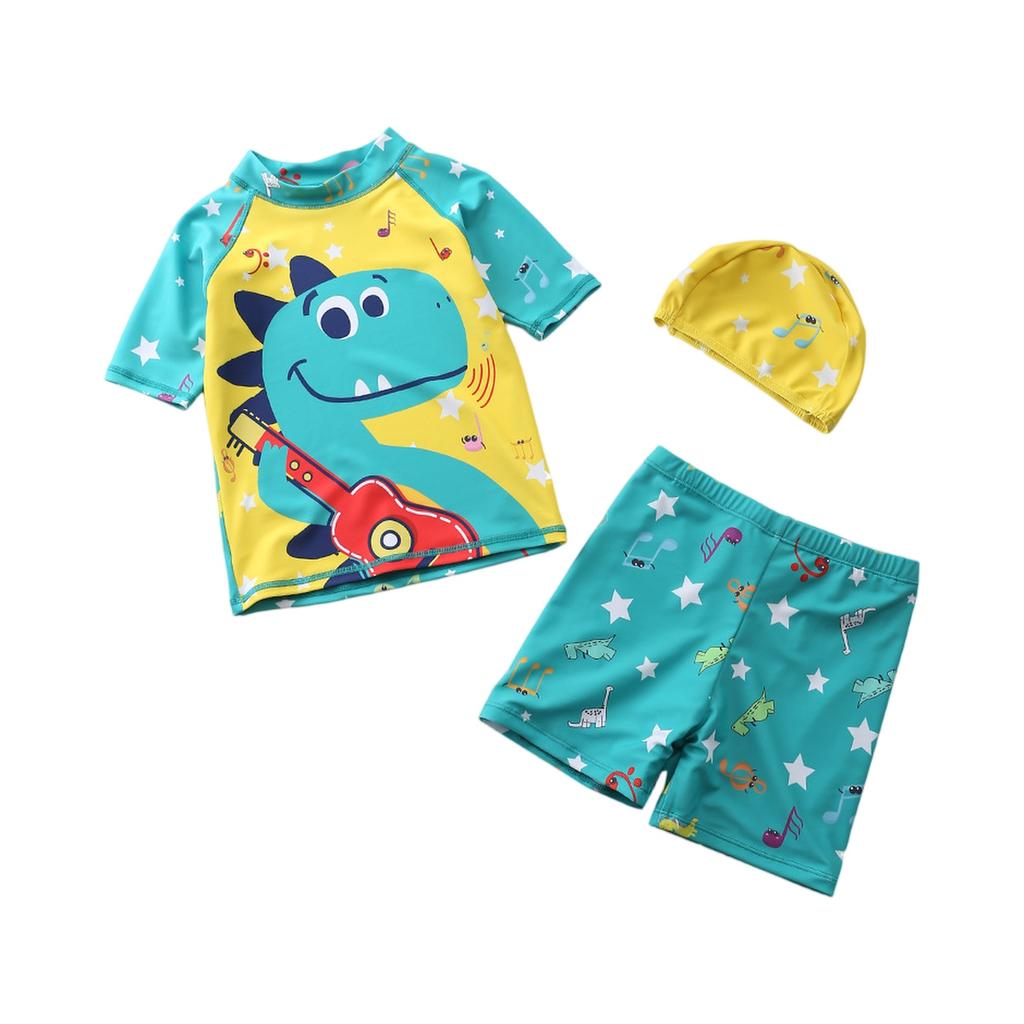 Boys Three Piece Swimsuit Set Short Sleeve Rash Guard Swim Shirt Swim Shorts and Swim Cap Cartoon Dinosaur Print Sun Protection Swimwear