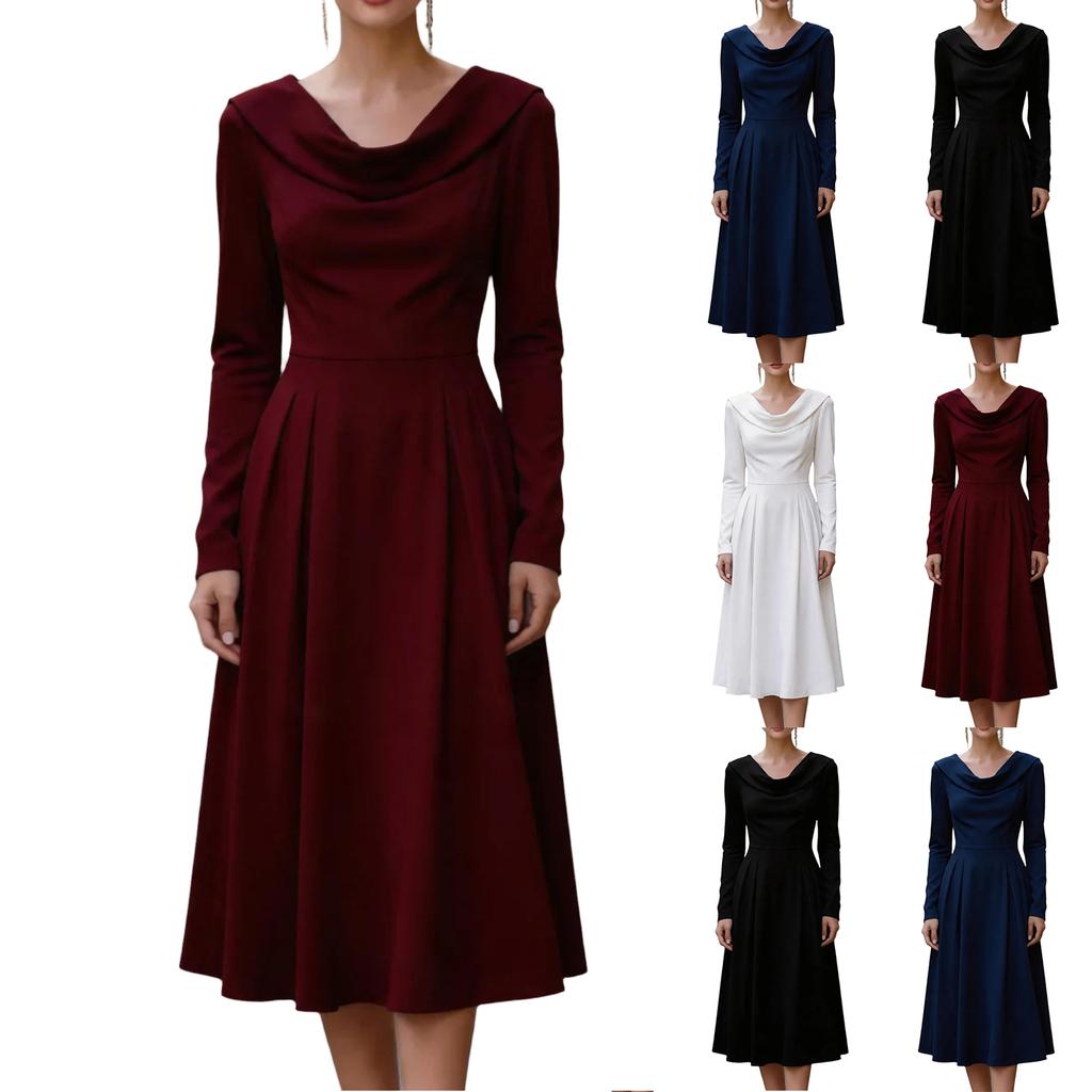 Damen Satin Langarm Midi Kleid mit Wasserfall-Ausschnitt und tailliertem Bund für Abendparty Formelle Anlässe