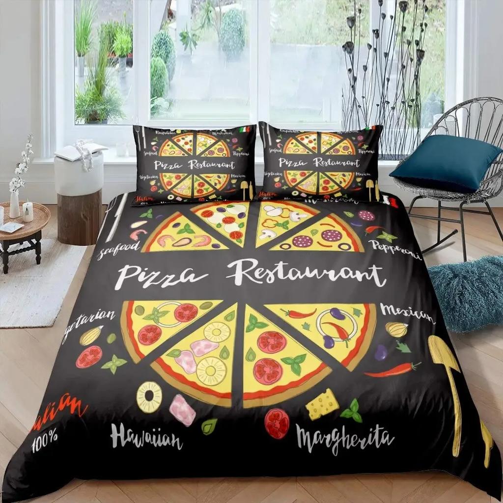 Pizza Bettbezug-Set Käsepizza Bettwäsche-Sets Pepperoni Nudeln Bettdeckenbezug-Set Full Queen Größe Lebensmittel-Thema Gesteppte Decke