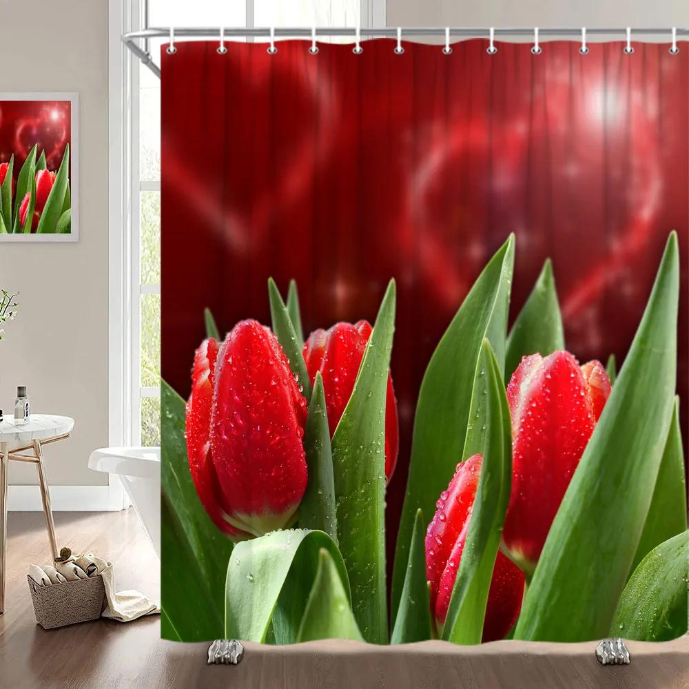 Alla hjärtans dag Duschdraperi, Rosblomma Hjärta Romantisk Växt Kärlek Läppstift Polyester Tryckt Tyg Badrumsdekoration