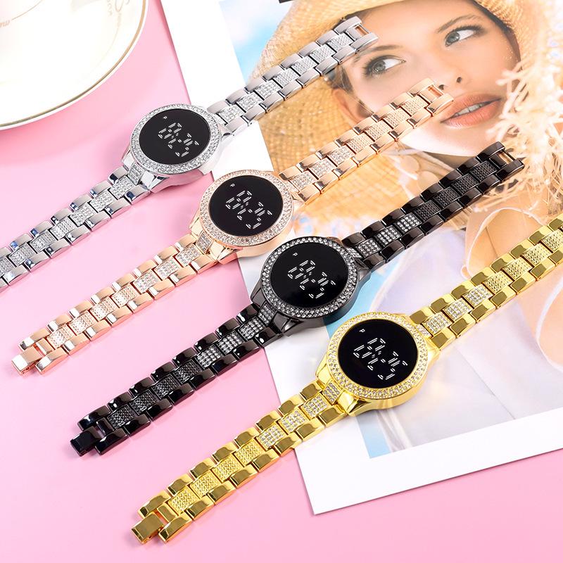 Korean Minimalist Diamond-Set LED Women's Steel Band Wristwatch - Casual Fashion Electronic Round Watch