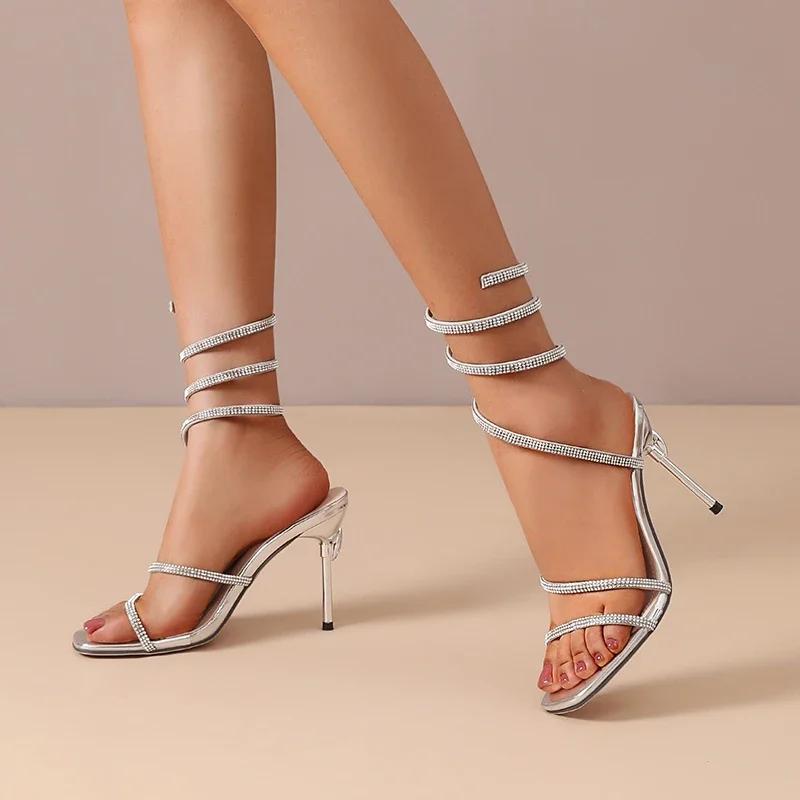 New Lace-Up Roman Sandals Feminine Stiletto Versatile Snake Wrap Anti-Slip Wear-Resistant High Heels Summer