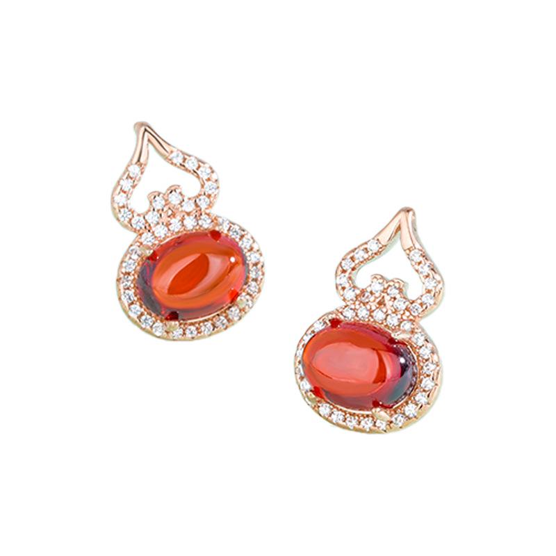 S925 Sterling Silver Green Chalcedony Gourd Stud Earrings - Classic Literary Lady Fashion with Garnet Silver Drops for Women.