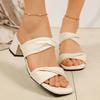 Square Heel Women's Slippers Soft Leather Pleated Square Toe Sandals Large Size Casual Slides High Heels Slippers 42