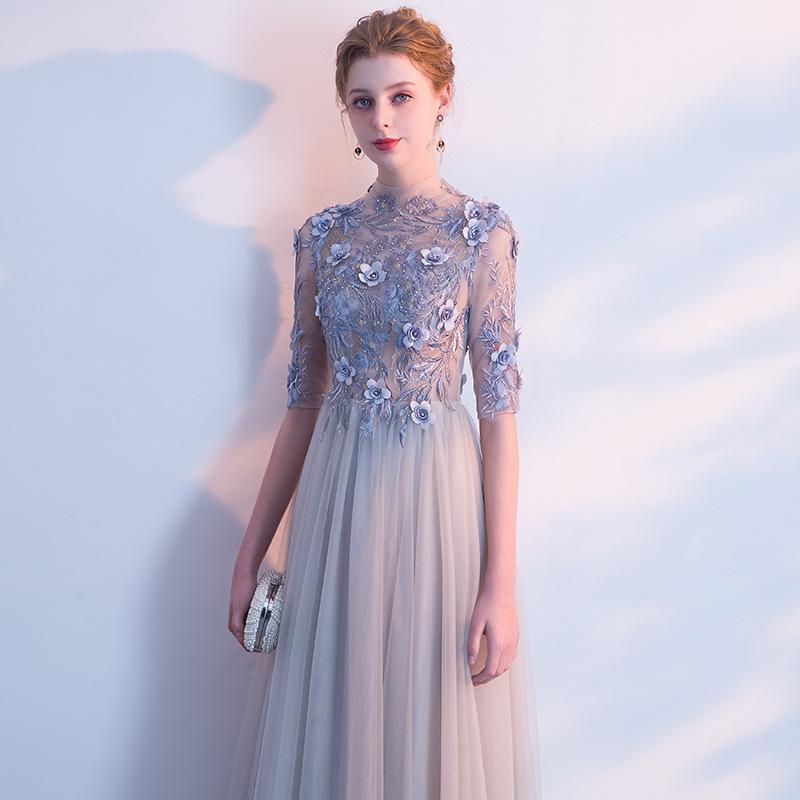 Graues Abendkleid 1011 neues Gastgeber-Bankett schlank sexy lang Performance Abschlussballkleid Kleid Frühling