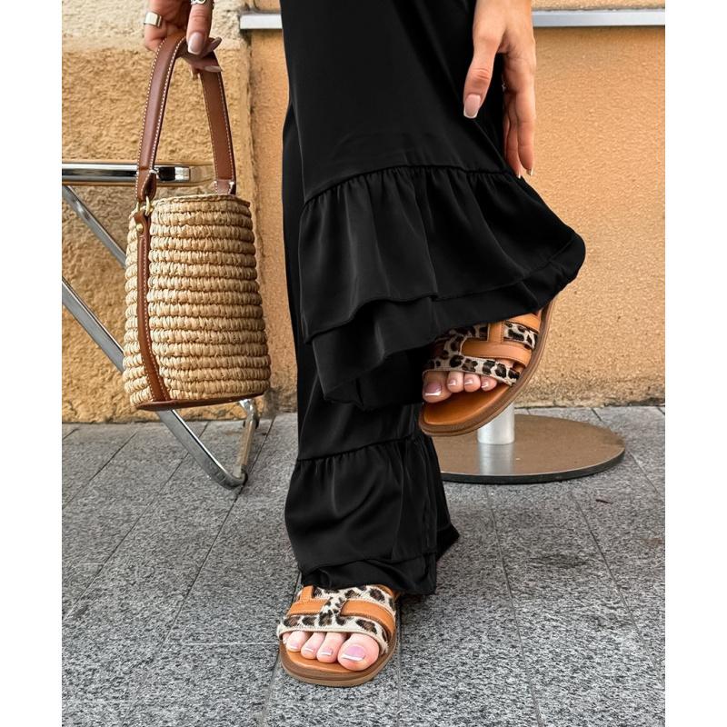Stylish Black Bell-Bottom Pants For Women Summer Street Style Thin High-Waisted Satin Wide-Leg Casual Pants For Women