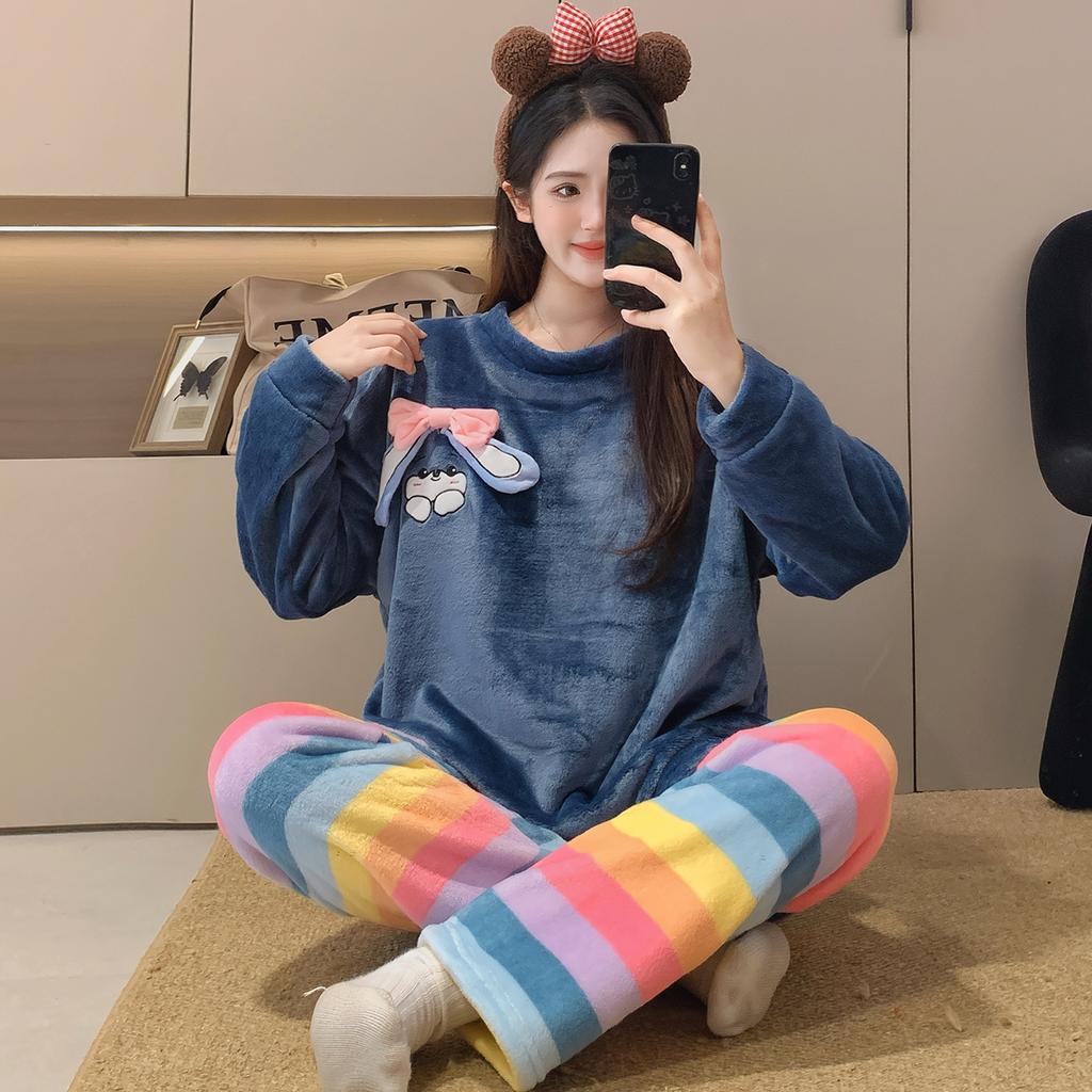 New 2025 Autumn Winter Warm Flannel Women Pijama Sets Thicken Coral Velvet Long Sleeve Cute cartoon purple Sleepwear Set Thin Flannel Pajamas Set