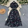 French Vintage Print Lapel Dress Women's Short Sleeve Floral Print High Waist Belt Office Lady Maxi Clothing Female