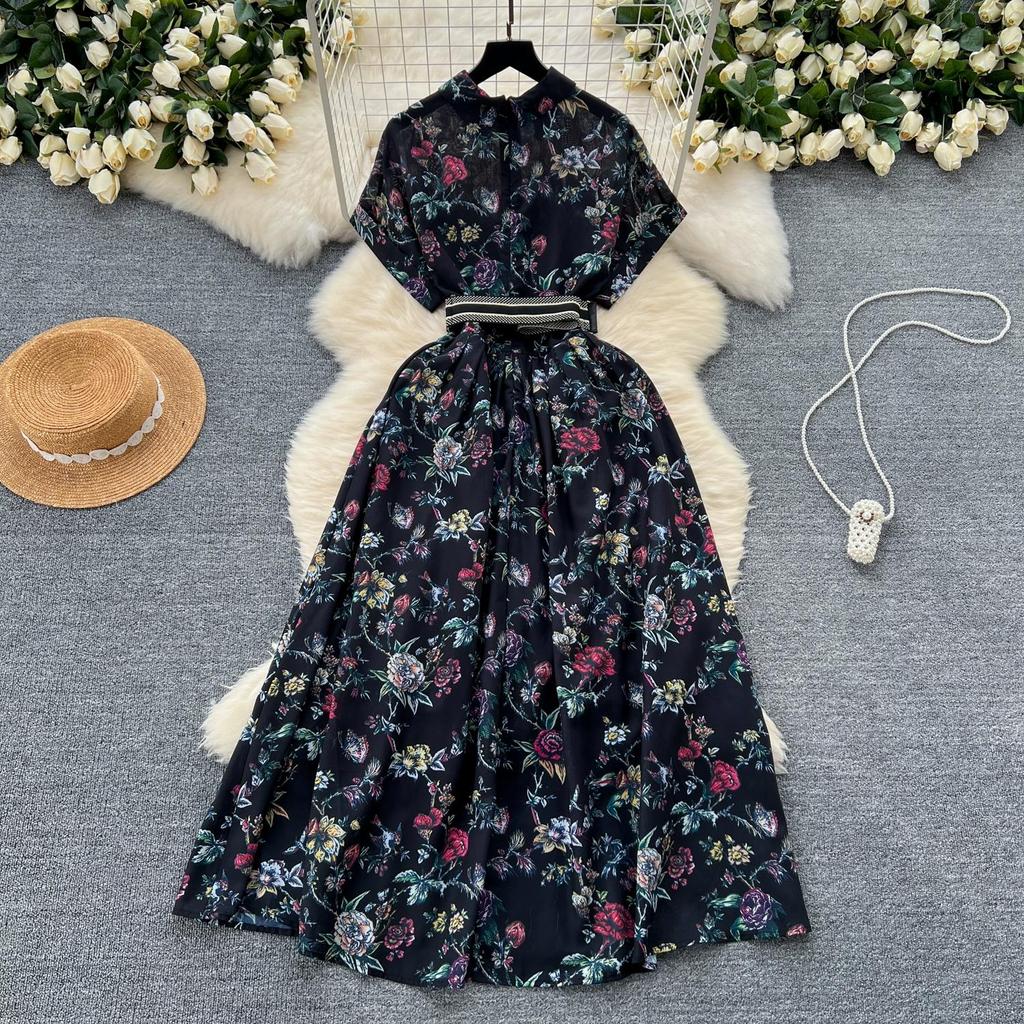 French Vintage Print Lapel Dress Women's Short Sleeve Floral Print High Waist Belt Office Lady Maxi Clothing Female