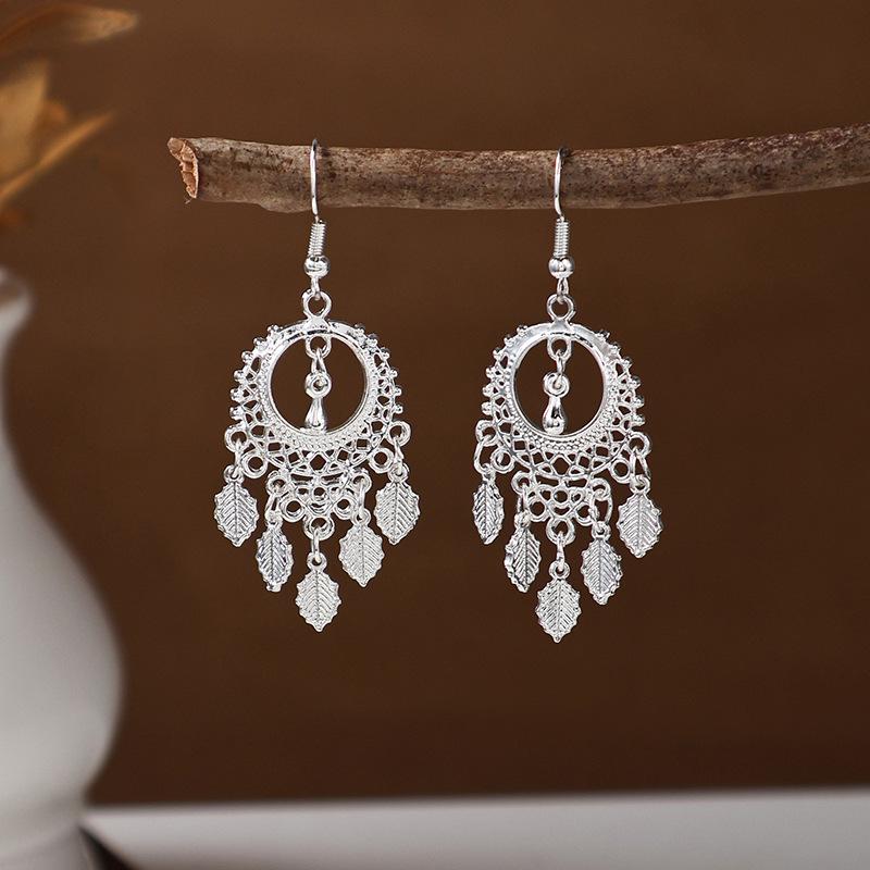 Ethnic Miao Silver Tassel Earrings - Retro Long Dangle Scenic Studs for Women