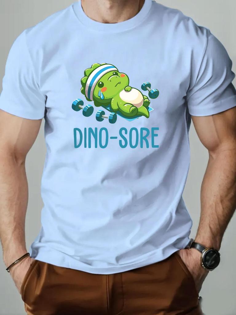 Men's Short Sleeve T-Shirt Cute Dino Sore Cartoon Dinosaur Fitness Graphic Print Weightlifting Theme Casual Streetwear Top