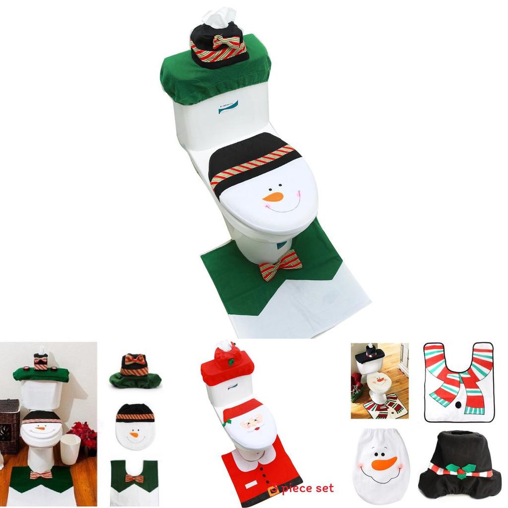 Christmas Themed Santa Claus Snowman Pattern Toilet Cover Three Piece Set For Holiday Bathroom Decor
