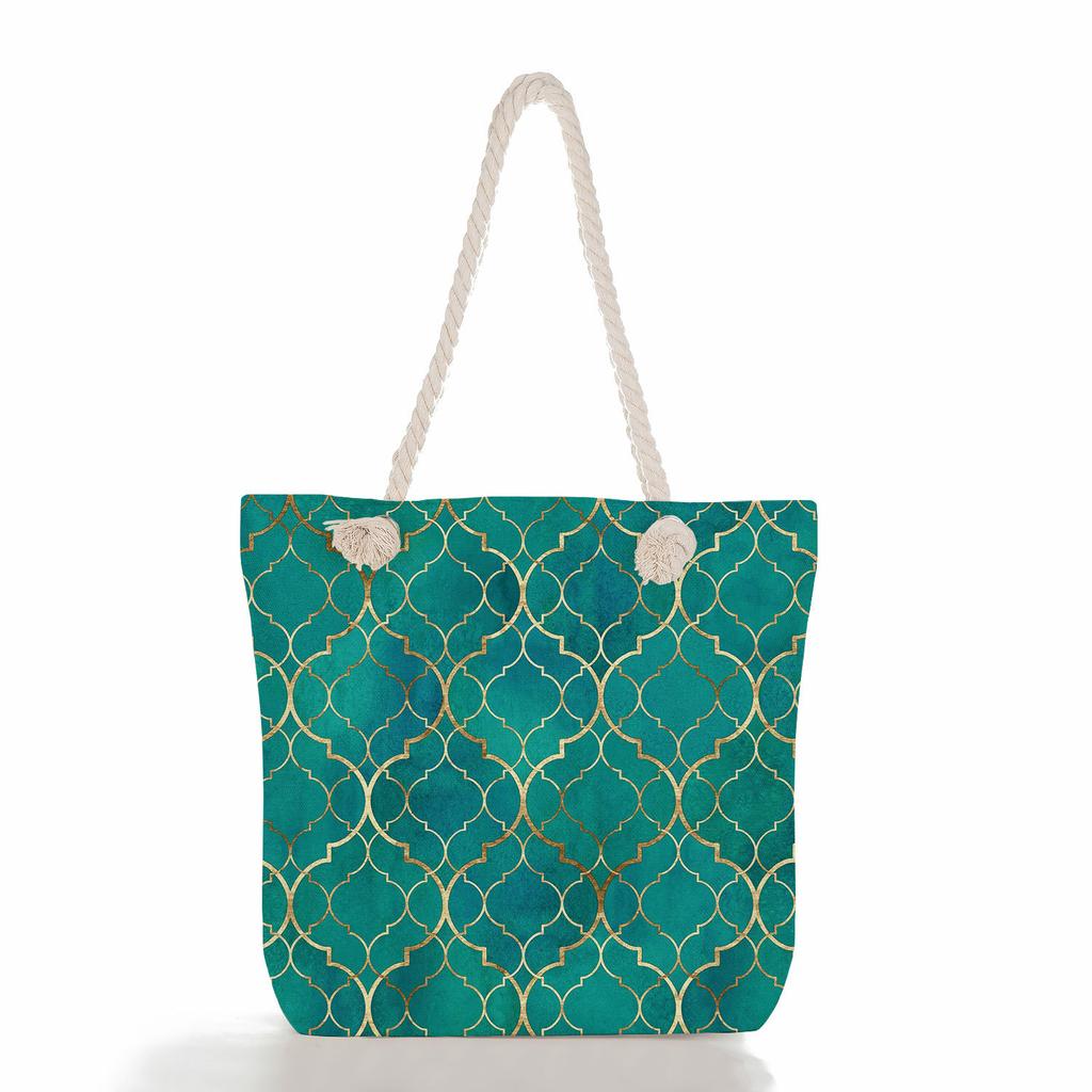 Multifunctional Geometric Shapes Printed Thick Rope Shoulder Beach Bag Casual Large Capacity Handbag 7591