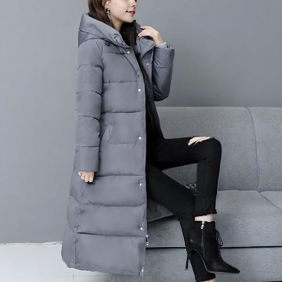 Winter Down Coat Thickened Padded Hooded Stand Collar Knee Length Pockets Zipper Closure Windproof Heat Retention Warm Daily Outwear Cotton Jacket